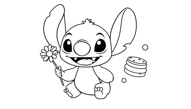 Kleurplaat van Stitch die lacht met een bloem en koekjes.