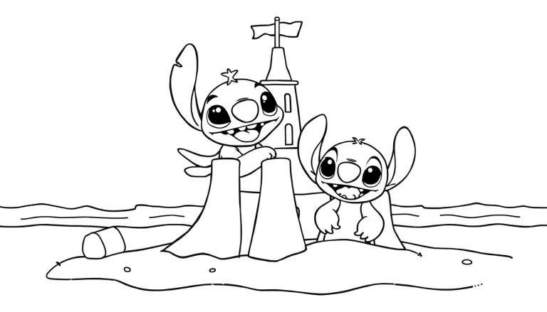 Een zwart-wit kleurplaat met twee lachende Stitch-achtige figuren op een strand. Eén Stitch bouwt met zandtorentjes bij een zandkasteel, terwijl de ander lager in het zand zit. Op de achtergrond is de zee te zien.