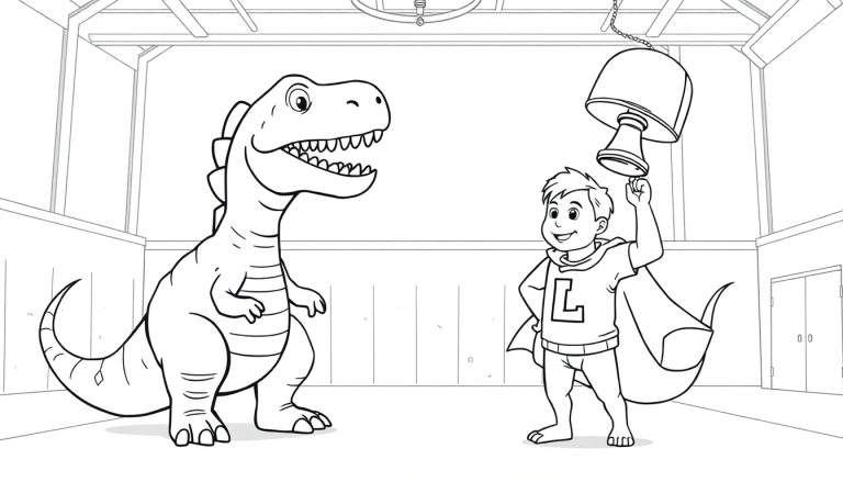 Kleurplaat van een jongetje in superheldenkostuum dat een bel omhoog houdt, kijkend naar een grote, lachende dinosaurus (T-Rex).