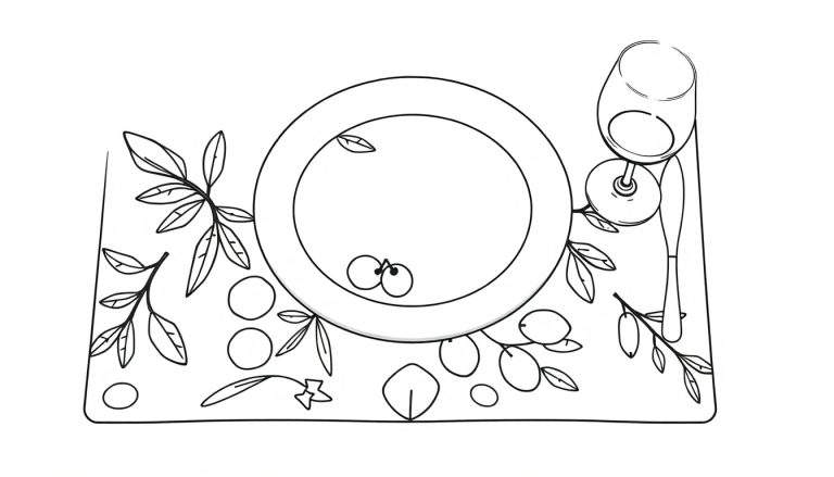Zwart-wit lijntekening van een tafelschikking met een placemat, bord, mes en wijnglas, klaar om ingekleurd te worden.