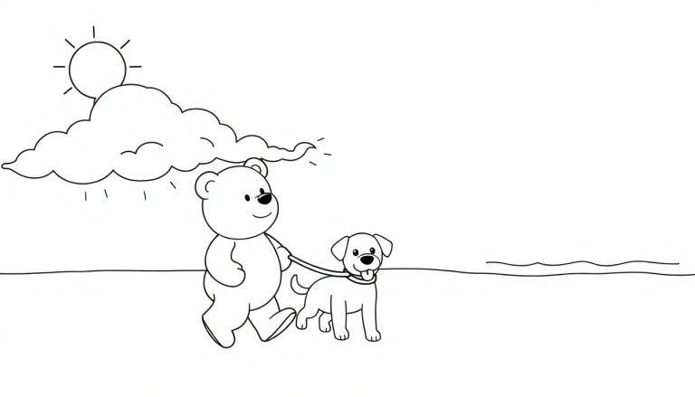 Kleurplaat van een teddybeer die met een hond aan een riem wandelt onder een zon met een wolk.