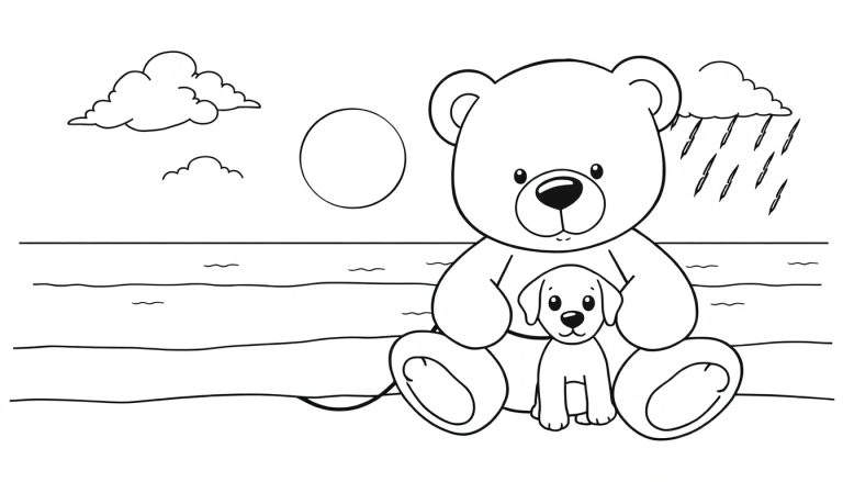 Kleurplaat van een grote teddybeer die zit met een klein hondje voor zich. Op de achtergrond een zee of meer met golven, een strand, drie wolken, een zon en regen.