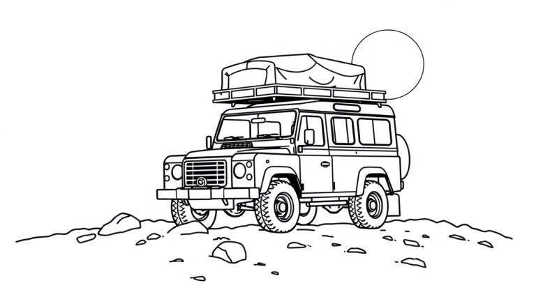 Gedetailleerde lijntekening kleurplaat van een avontuurlijke terreinwagen met daktent, imperiaal en reservewiel, staand op een rotsachtige ondergrond met een grote cirkel aan de hemel.
