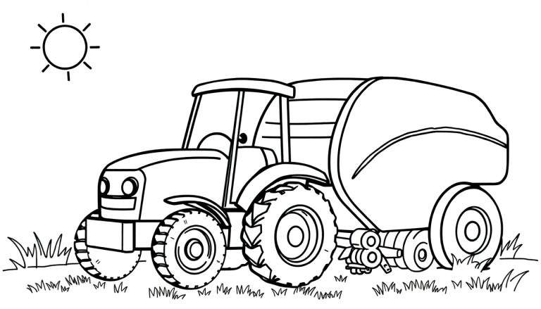 Zwart-wit tekening van een tractor die een balenpers trekt over een grasveld onder een zonnige hemel.