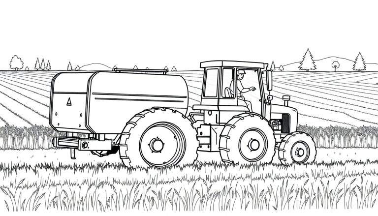 Zwart-wit kleurplaat van een tractor met aanhanger op een boerenveld, met op de achtergrond akkers, bomen en heuvels.