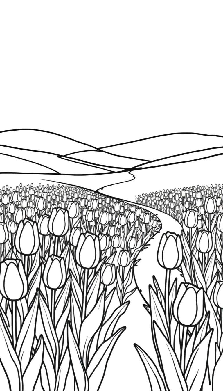 Zwart-wit lijntekening van een uitgestrekt tulpenveld met een kronkelend pad dat in de verte verdwijnt. Glooiende heuvels aan de horizon.