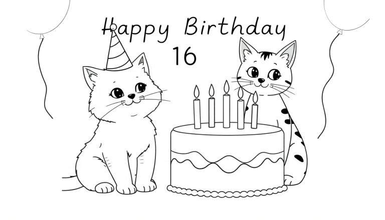 Kleurplaat van twee schattige katten die een verjaardag vieren met een taart, kaarsjes, ballonnen en de tekst 'Happy Birthday 16'.