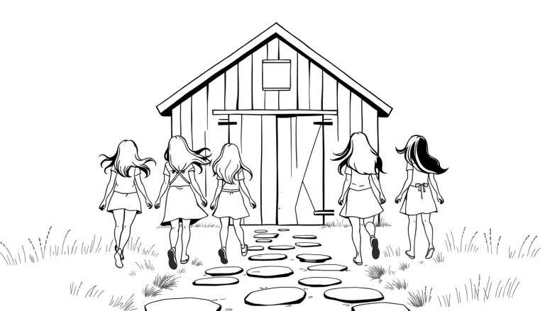 Zwart-wit lijntekening van vijf meisjes die van achteren worden getoond, lopend over een pad van stapstenen naar een houten schuur met een puntdak. Gras en onkruid aan de zijkanten. De meisjes hebben wapperend haar.