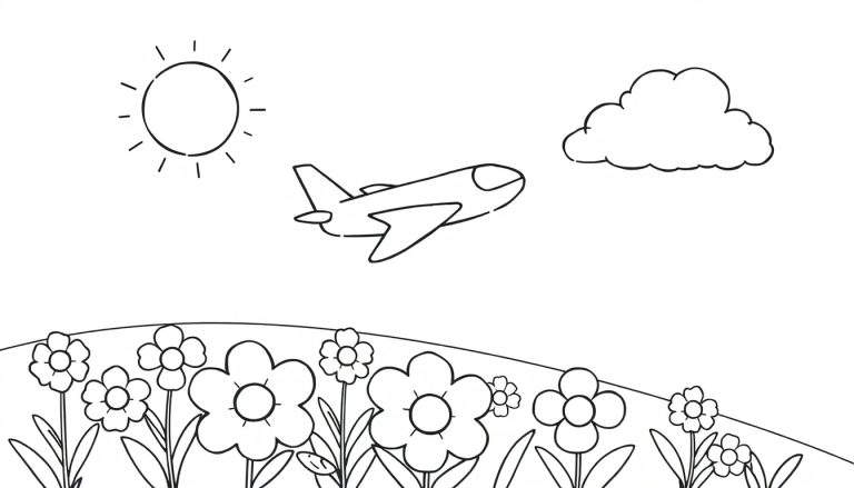 Zwart-wit tekening van een kleurplaat met een zon, een vliegtuig, een wolk en een heuvel met veel bloemen.