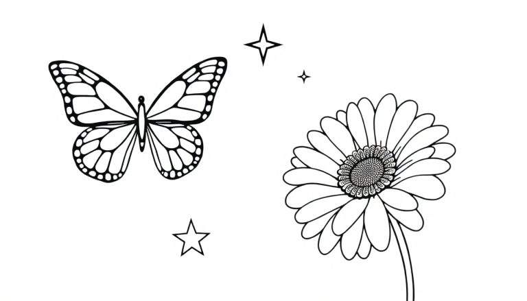 Kleurplaat van een vlinder, een bloem en drie sterren, getekend met zwarte lijnen op een witte achtergrond.
