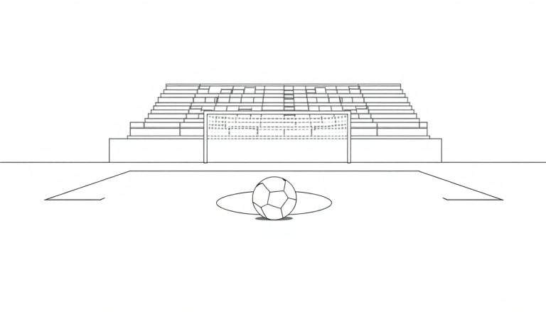 Zwart-wit tekening van een voetbalveld met een doel en lege tribunes, met een voetbal op de voorgrond.