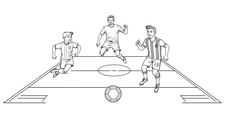 Kleurplaat met drie lachende jonge voetballers op een voetbalveld. Een speler rent links met een gestreept shirt met 'W', de middelste springt met opgeheven armen, en de rechter rent met duim omhoog en nummer '45'. Een voetbal ligt onder de middenlijn.