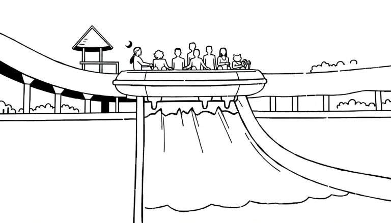 Kleurplaat van een opblaasbare raft met mensen erop, klaar om van een hoge waterglijbaan te gaan, met een waterval onder de raft en een maansikkel aan de hemel.