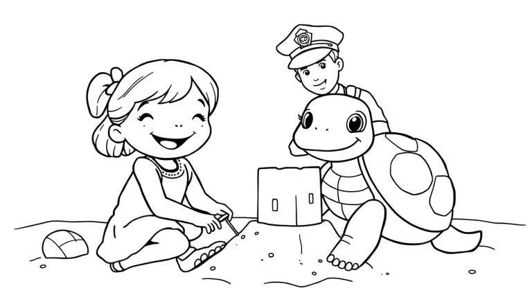 Zwart-wit kleurplaat van een lachend meisje dat met een schepje een zandkasteel bouwt op het strand. Naast haar zit een vriendelijke schildpad en achter de schildpad kijkt een jongen met een politiepet vrolijk toe. Een bal ligt in het zand.