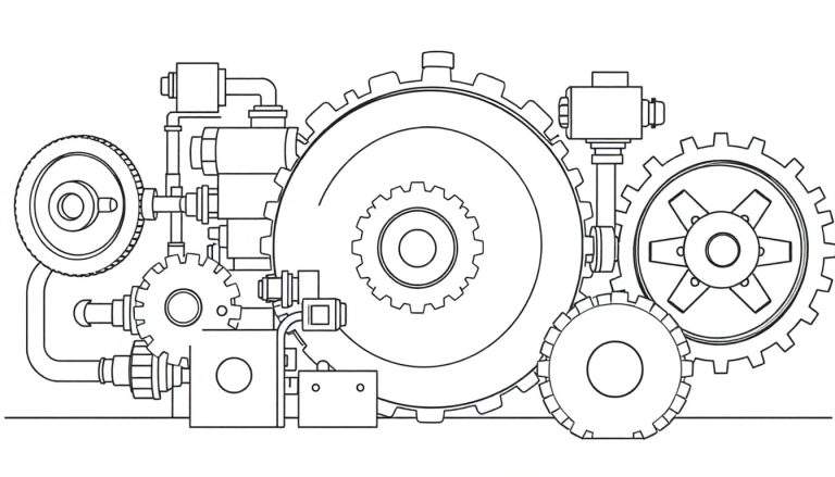 Zwart-wit lijntekening van een complexe machine met grote en kleine tandwielen, gebogen buizen, leidingen en rechthoekige verbindingsblokken.