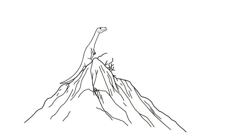 Zwart-wit lijntekening van een dinosaurus met een lange nek en staart, staand bovenop een rotsachtige berg met takachtige vegetatie aan de zijkant.