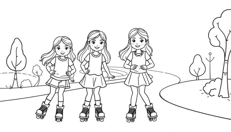 Zwart-wit tekening van drie lachende meisjes met lang haar en sportieve kleding op rolschaatsen, staand op een pad in een park met bomen en glooiende heuvels.