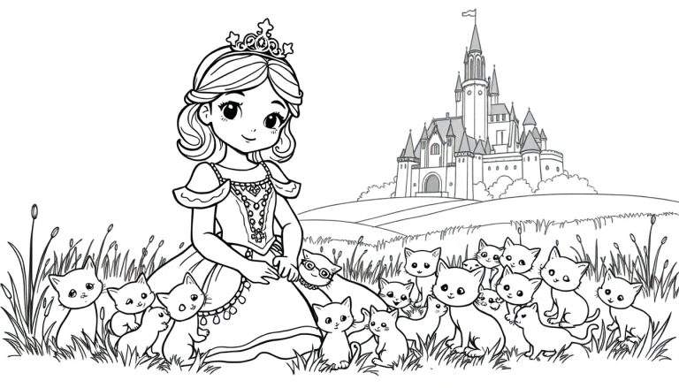 Zwart-witte kleurplaat van een prinses die lacht in het gras, omringd door veel kittens. Op de achtergrond een kasteel.