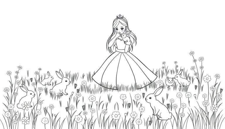 Zwart-wit kleurplaat van een prinses die een konijntje vasthoudt, omringd door andere konijntjes en bloemen in een weide.