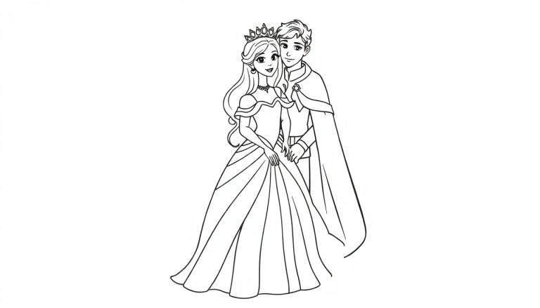 Zwart-wit lijntekening van een glimlachende prins en prinses in koninklijke kledij, staand naast elkaar. De prinses links met lang golvend haar en tiara, de prins rechts met korte coupe en cape.