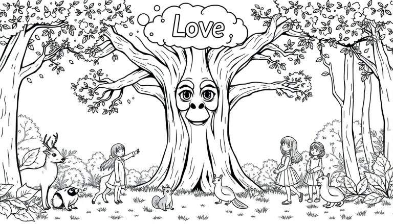 Zwart-wit kleurplaat: bos met sprekende boom met gezicht, het woord 'Love' in de wolken, meisjes, hert, eekhoorn, vogel, gans.