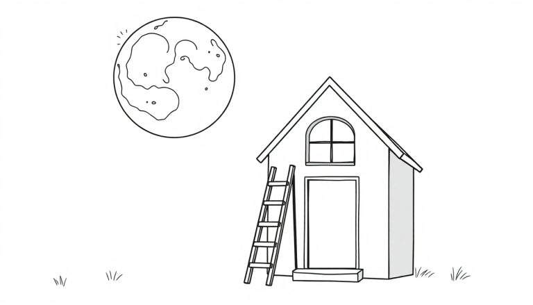 Zwart-wit lijntekening van een kleurplaat met een grote maan/planeet linksboven, een klein huisje met een puntdak rechts, een ladder tegen het huis en wat plukjes gras onderaan.