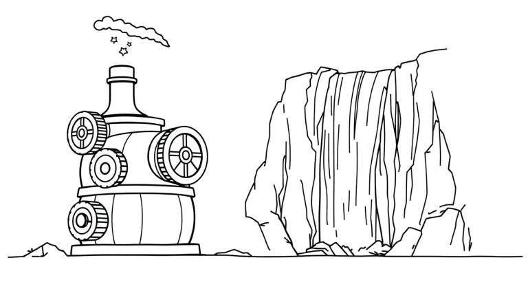 Zwart-wit lijntekening van een fantasie landschap. Links een mechanische toren met tandwielen en rookwolken met sterren. Rechts een hoge rotswand met een waterval en rotsblokken op de grond.