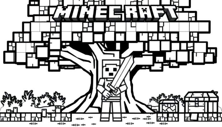 Minecraft kleurplaat met het woord 'MINECRAFT', een blokkerige boom, een Minecraft-personage met zwaard en twee kleine blokvormige huisjes.