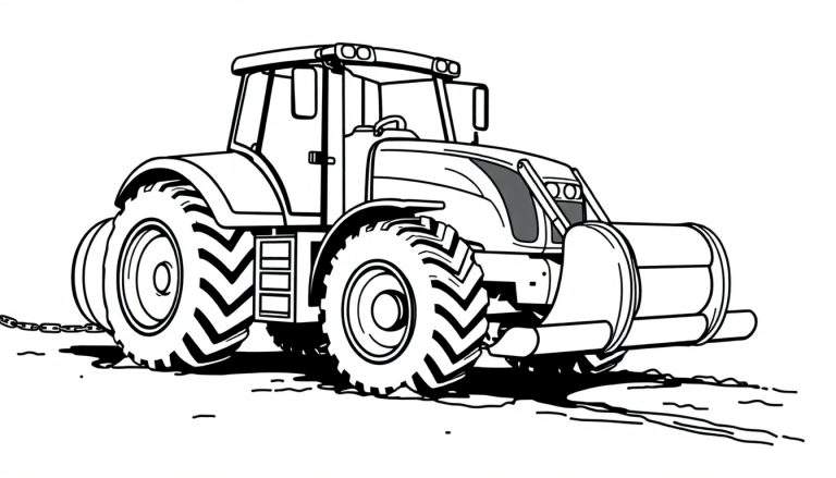 Kleurplaat van een moderne landbouwtractor, gezien vanuit een driekwart perspectief, met grote wielen, cabine en motorkap.