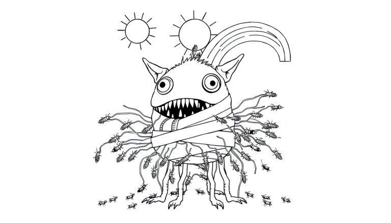 Zwart-wit lijntekening van een mollig monster met grote ogen en scherpe tanden, verbonden door draden aan vele insecten. Twee zonnen en een regenboogboog zijn zichtbaar in de achtergrond.