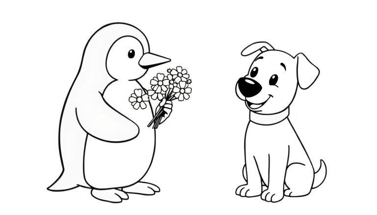 Kleurplaat van een vriendelijke pinguïn die een boeket bloemen vasthoudt en naar een blije hond kijkt.