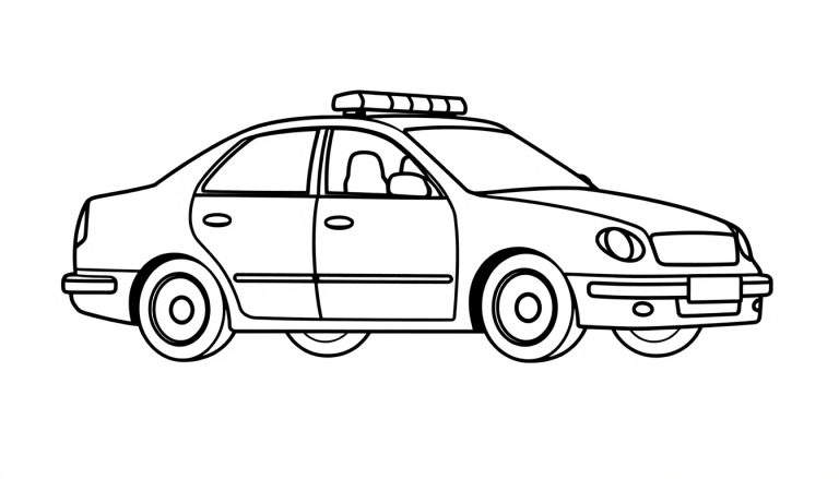Gekleurde lijntekening van een politieauto, gezien vanaf de zijkant, met zwaailichtbalk op het dak. De tekening is geschikt als kleurplaat.