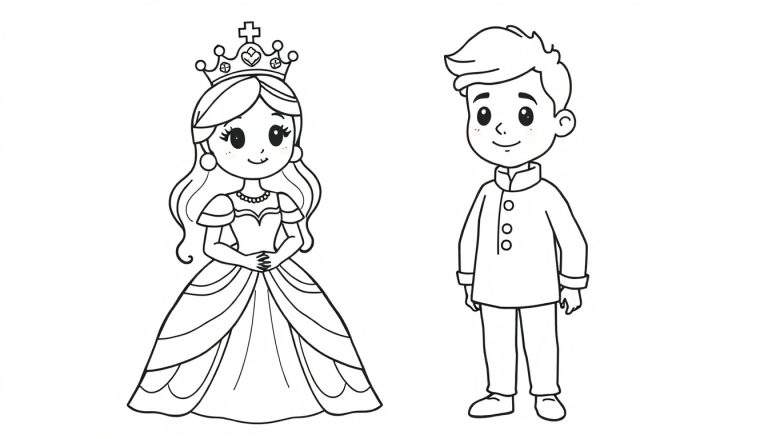 Een zwart-wit lijntekening van een glimlachende prinses met lange golvende haren en een kroon, naast een glimlachende prins met kort haar en een tuniek, beide klaar om ingekleurd te worden.