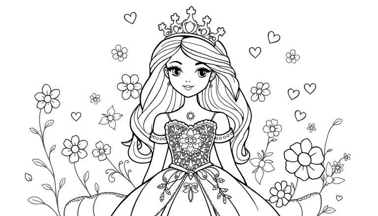 Kleurplaat van een glimlachende prinses met kroon, gedetailleerde jurk, omringd door bloemen en hartjes in een sprookjesachtige stijl.