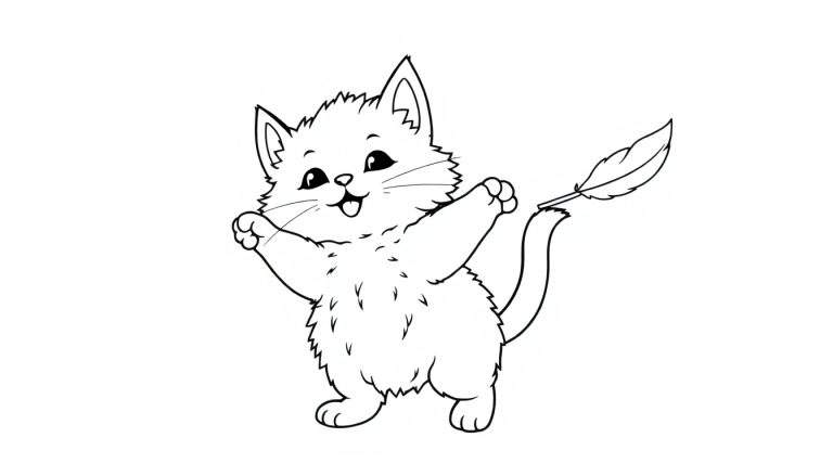 Zwart-witte lijntekening van een schattig, pluizig katje dat rechtop staat en zwaait, met een veer aan zijn staart.