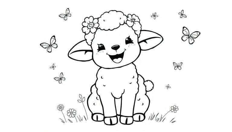 Zwart-witte lijntekening van een schattig, lachend lammetje met bloemen in zijn vacht, omringd door vlinders en bloemen, geschikt als kleurplaat.