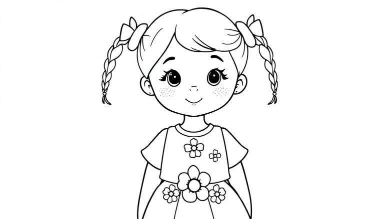 Zwart-wit lijntekening van een blij jong meisje met twee vlechten, strikjes, pony en sproetjes, die een jurk met bloemenprint draagt, als kleurplaat.
