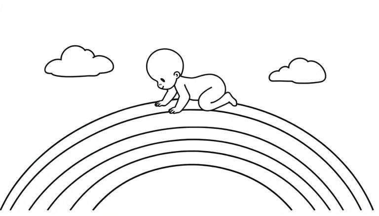 Kleurplaat van een schattige baby die nieuwsgierig op een regenboog kruipt, met gestileerde wolken aan weerszijden.