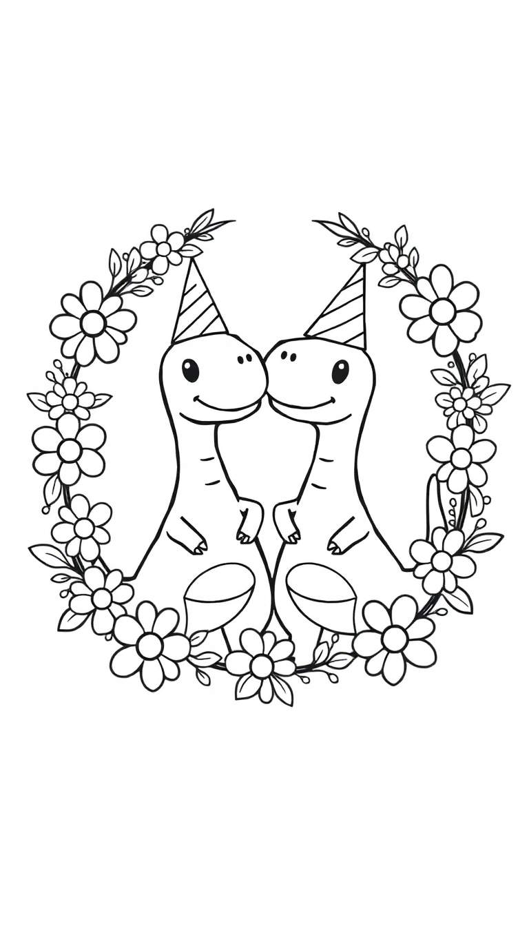 Zwart-wit lijntekening van twee schattige cartoon dinosaurussen met feesthoedjes, die elkaar liefdevol aankijken te midden van een bloemen- en bladerkrans.