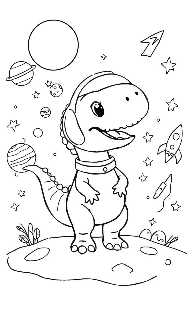 Kleurplaat van een schattige dinosaurus die een ruimtehelm draagt en op het maanoppervlak staat, met planeten, sterren en ruimteschepen om hem heen.