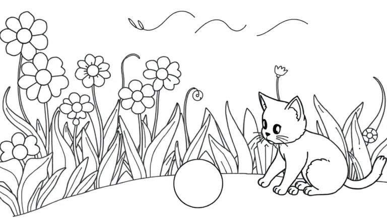 Zwart-wit lijntekening van een schattig kitten dat naar een bal kijkt, omringd door bloemen en gras. Geschikt als kleurplaat.