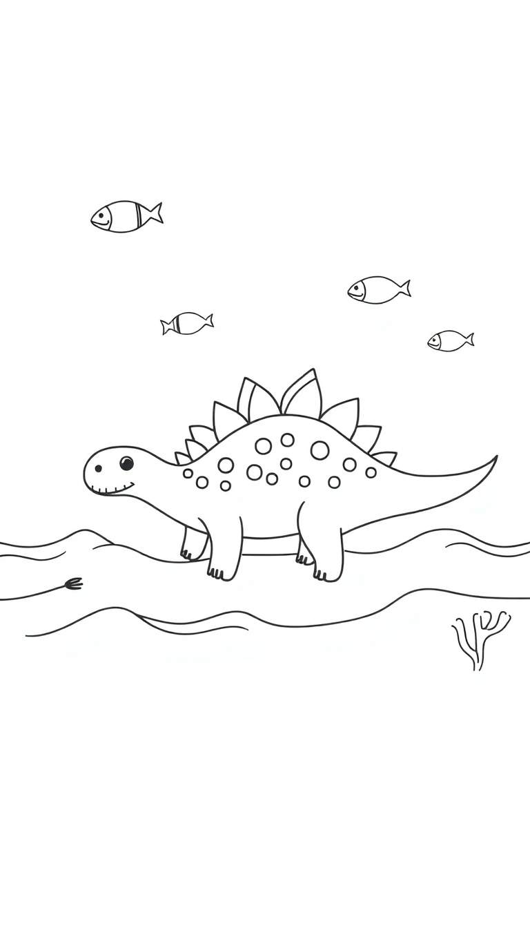 Een lijntekening van een glimlachende Stegosaurus dinosaurus met rugplaten, omringd door plantjes en rotsen, met vijf kleine visjes die erboven zwemmen.