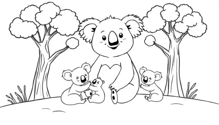 Een zwart-wit tekening van een koala familie, met een grote ouderkoala in het midden en drie kleinere koala's eromheen, zittend bij bomen en planten.