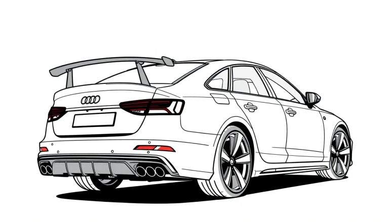 Gedetailleerde lijntekening van een sportieve Audi sedan of sportback, driekwart achteraanzicht, met grijze spoiler, rode achterlichten, zwarte sensoren, diffuser, vier uitlaten en grote sportvelgen.
