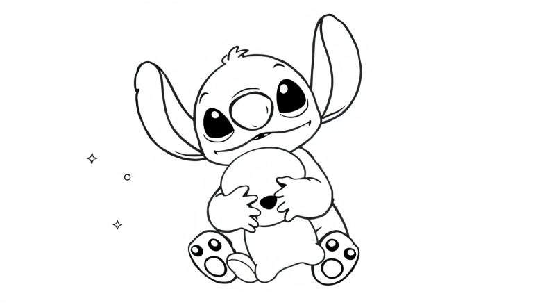 Kleurplaat van Stitch die verdrietig of liefdevol naar een klein wit knuffeltje kijkt, met sterretjes en een cirkel links van hem.