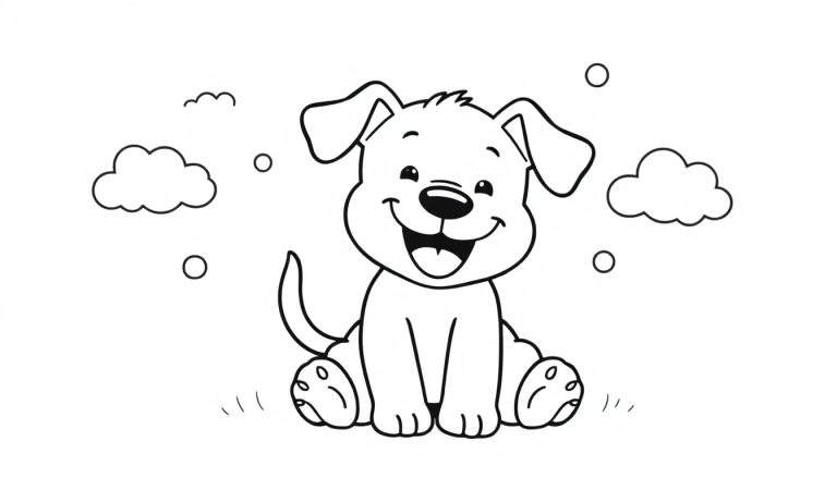 Kleurplaat van een blij hondje dat zit met de tong uit zijn bek, omringd door decoratieve wolkjes en cirkels.