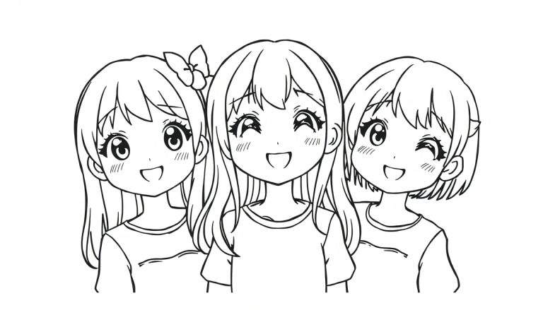 Zwart-witte lijntekening van drie blije anime meisjes die dicht bij elkaar staan en lachen. Het meisje links heeft lang steil haar met een strikje. Het middelste meisje heeft lang haar en gesloten ogen. Het meisje rechts heeft kort haar en knipoogt.