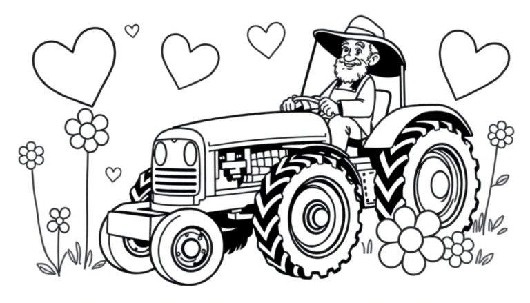 Kleurplaat van een lachende boer met baard en brede hoed die op een klassieke tractor rijdt. Er zweven hartjes rondom en er staan bloemen in het gras.