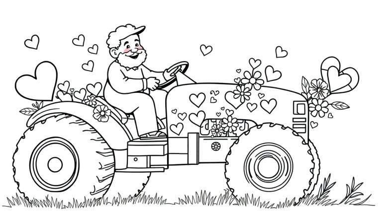 Kleurplaat van een lachende, oudere man met baard en pet, zittend op een tractor versierd met harten, bloemen en bladeren. De tractor rijdt over gras.
