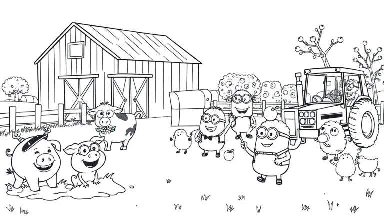 Zwart-wit kleurplaat van een boerderij met Minion-achtige figuren, varkens, een koe, schaapjes en een tractor.